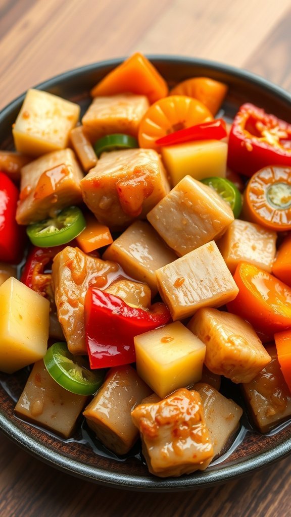 A colorful plate of Sweet and Sour Pork with Pineapple featuring chunks of pork, bell peppers, and pineapple in a glossy sauce.