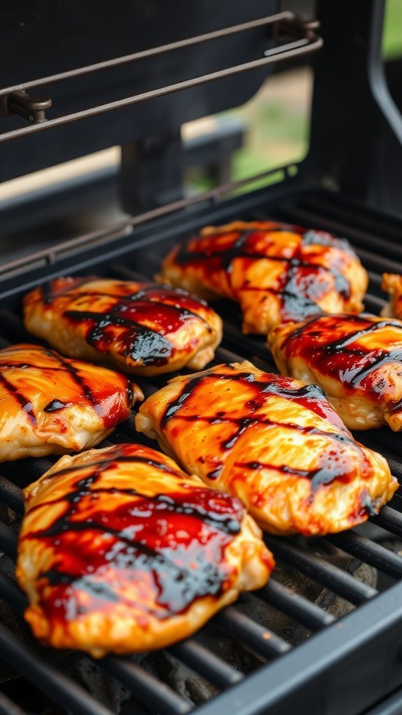 Grilled chicken thighs with a sweet and spicy glaze on the grill.