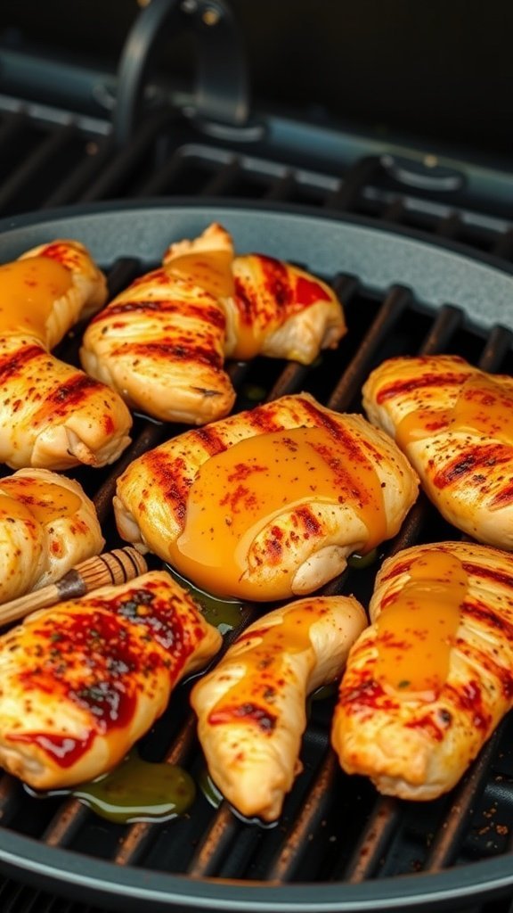 Grilled chicken pieces coated in honey mustard sauce, sizzling on a grill.