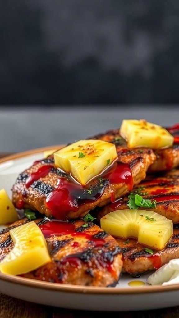 Grilled pork chops topped with pineapple and glaze