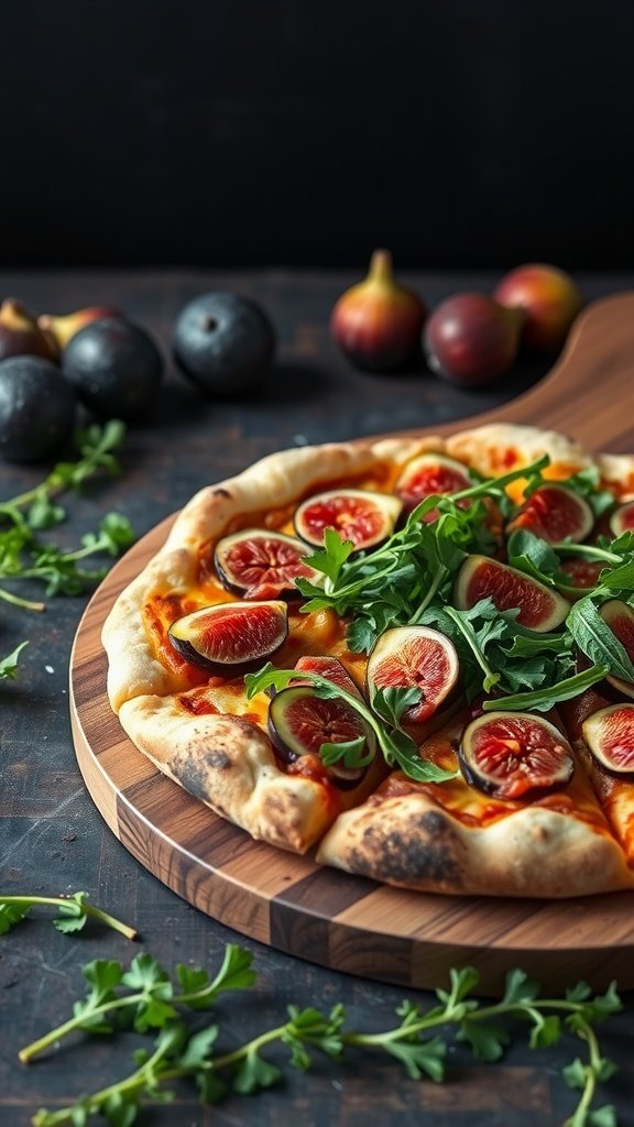A delicious pizza topped with figs, prosciutto, and arugula on a wooden cutting board