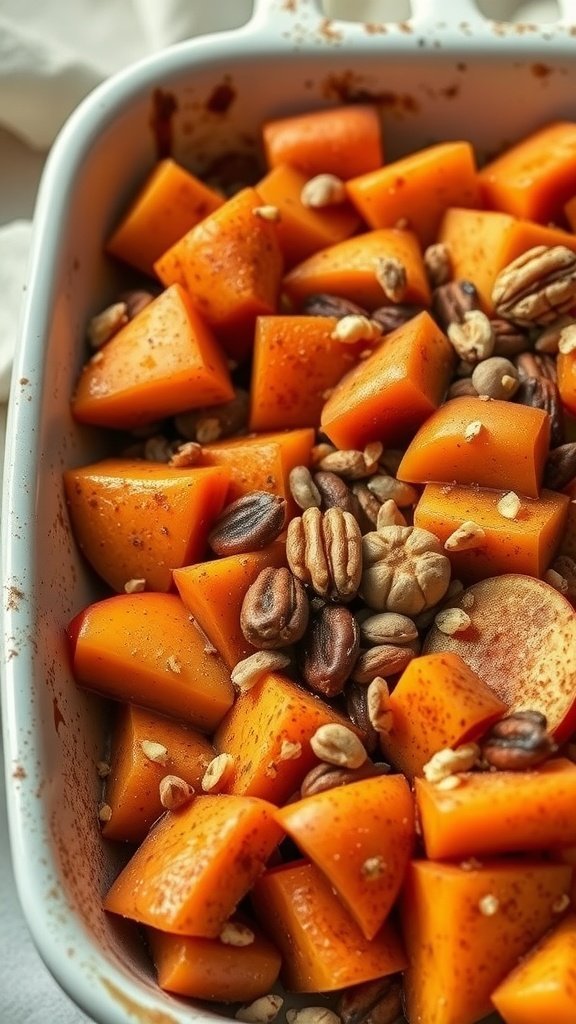A baking dish filled with cubed sweet potatoes, apple slices, nuts, and sprinkled with spices.