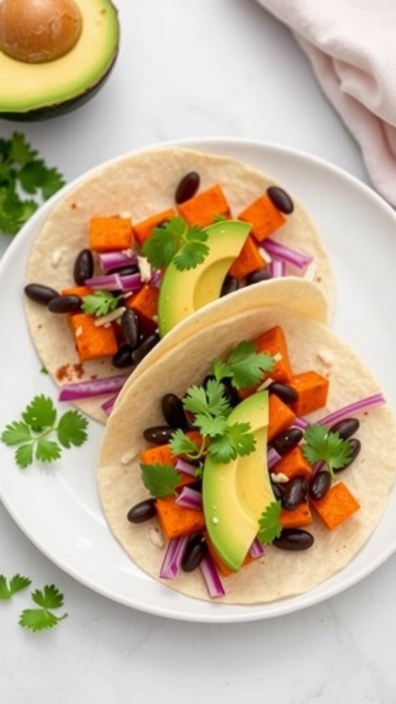 Sweet potato and black bean tacos topped with avocado and cilantro on a white plate.