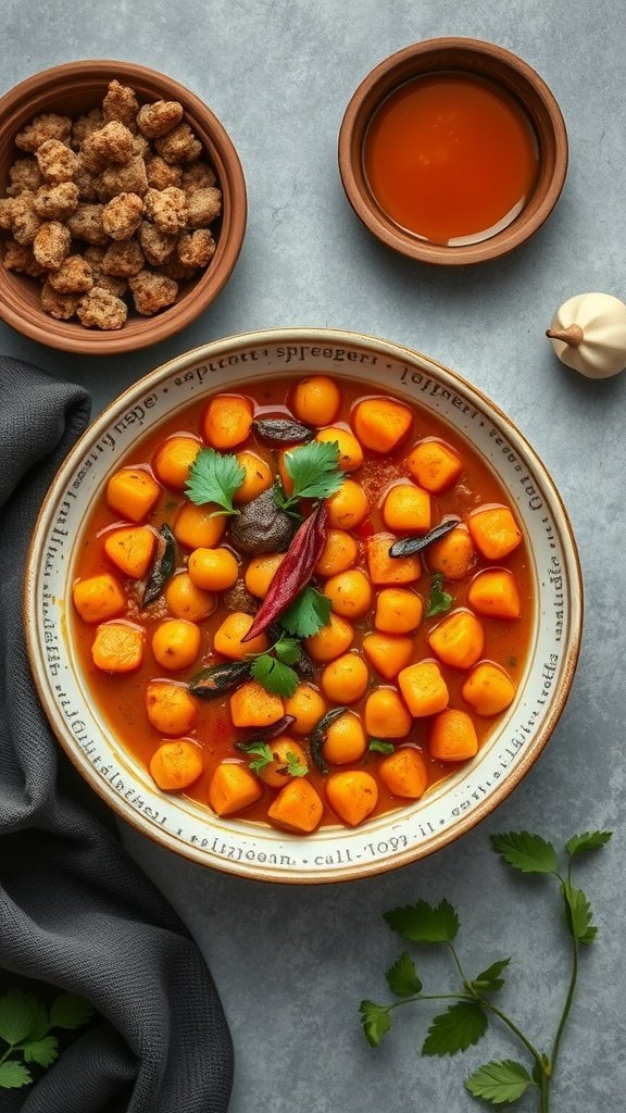 A bowl of sweet potato and chickpea stew with a sprinkle of fresh herbs and spices, accompanied by crispy snacks.