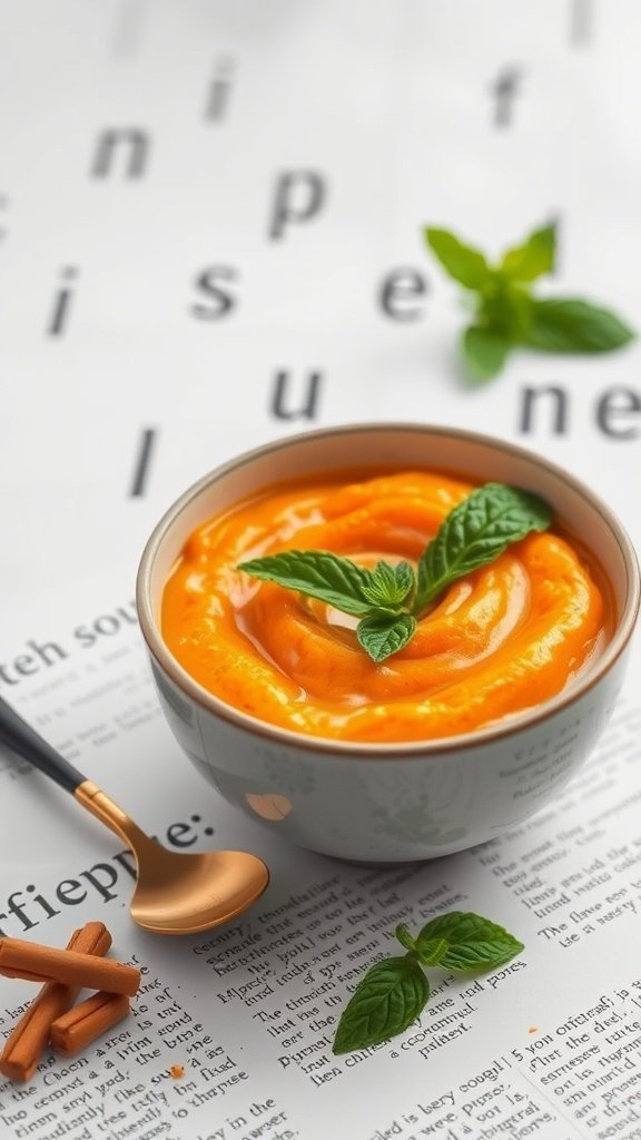 A bowl of sweet potato and coconut pudding garnished with mint leaves and cinnamon sticks on a page of text.