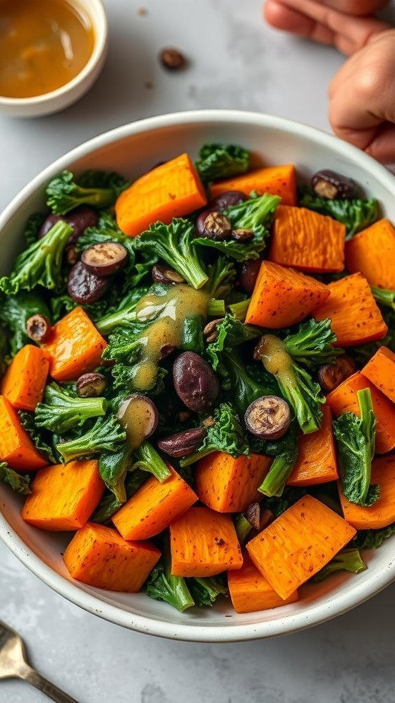 A colorful bowl of sweet potato and kale salad with a light dressing.