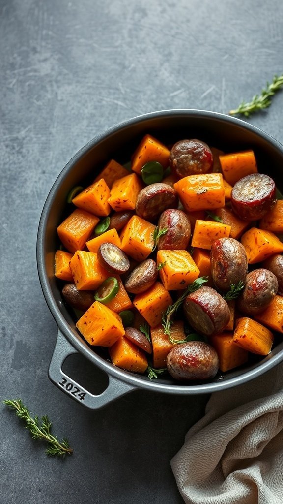 A skillet filled with diced sweet potatoes and sausage, garnished with herbs