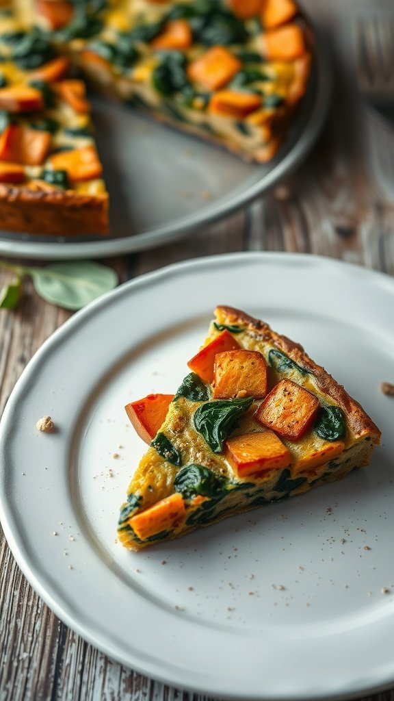 A slice of sweet potato and spinach frittata on a plate, with the whole frittata in the background.