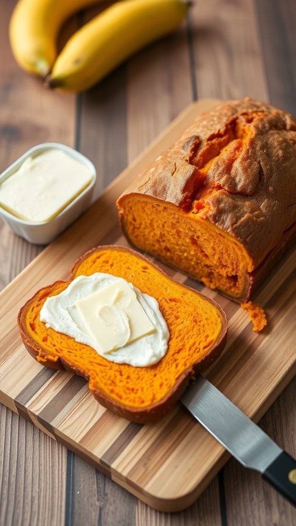A loaf of sweet potato bread sliced on a cutting board with butter spread on one slice, with bananas and a small dish of butter in the background.