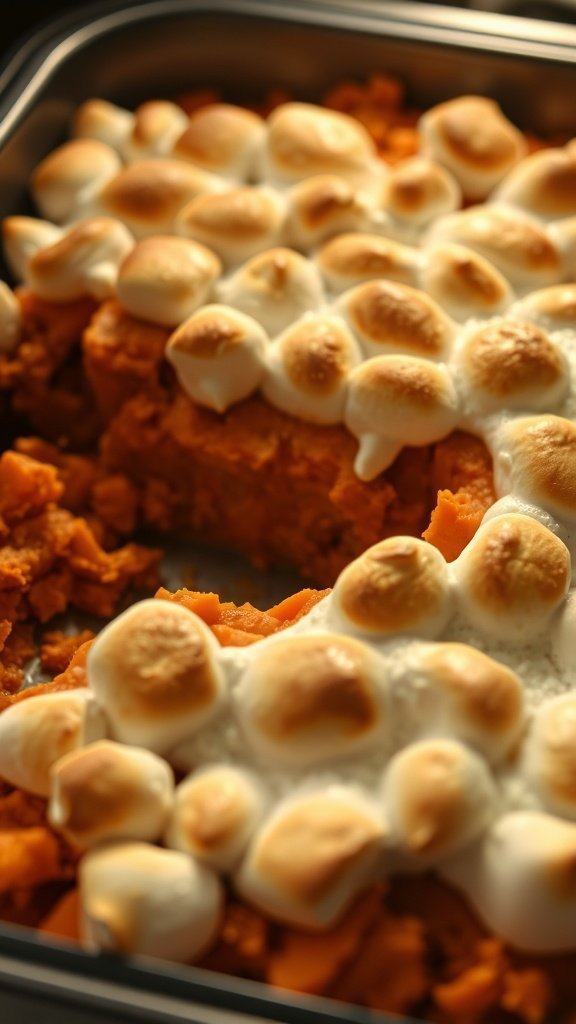 A close-up of sweet potato casserole topped with golden-brown marshmallows.