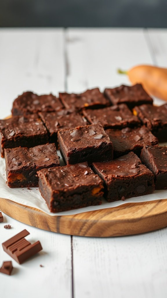 A plate of chocolate brownies made with sweet potato, cut into squares, with a sweet potato beside them.