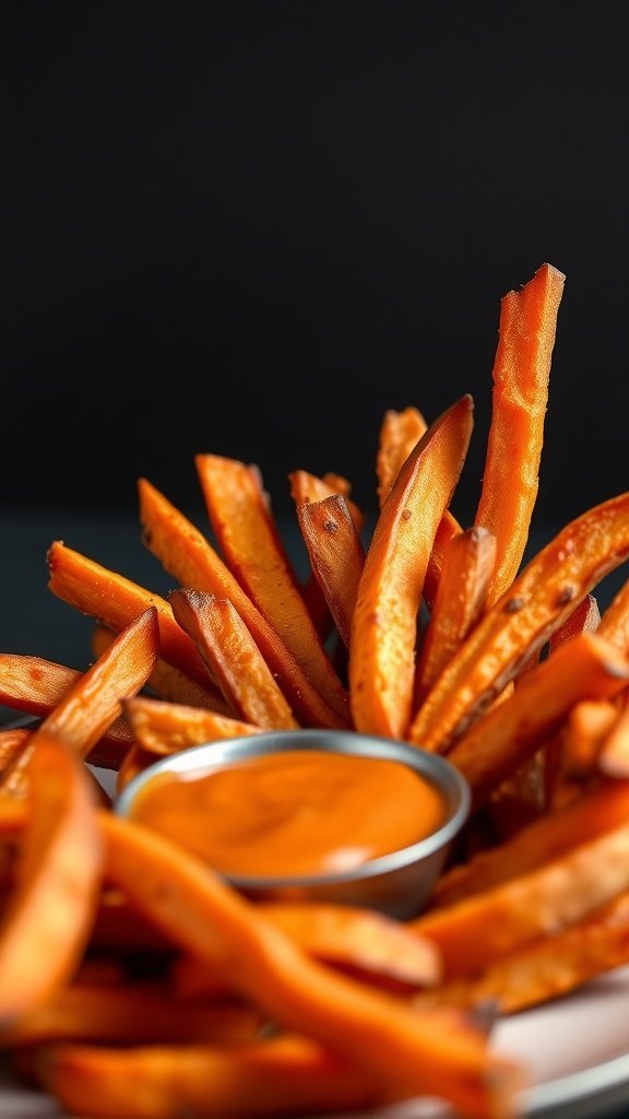 A plate of crispy sweet potato fries arranged around a small bowl of dipping sauce.