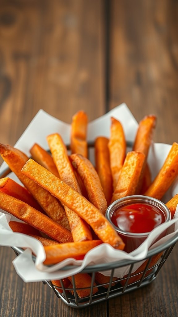A basket of golden sweet potato fries with a small cup of ketchup.