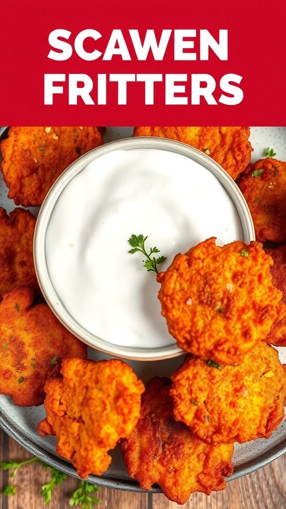 A plate of golden-brown sweet potato fritters arranged around a bowl of creamy dipping sauce.