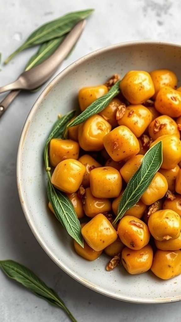 Bowl of golden sweet potato gnocchi garnished with sage leaves