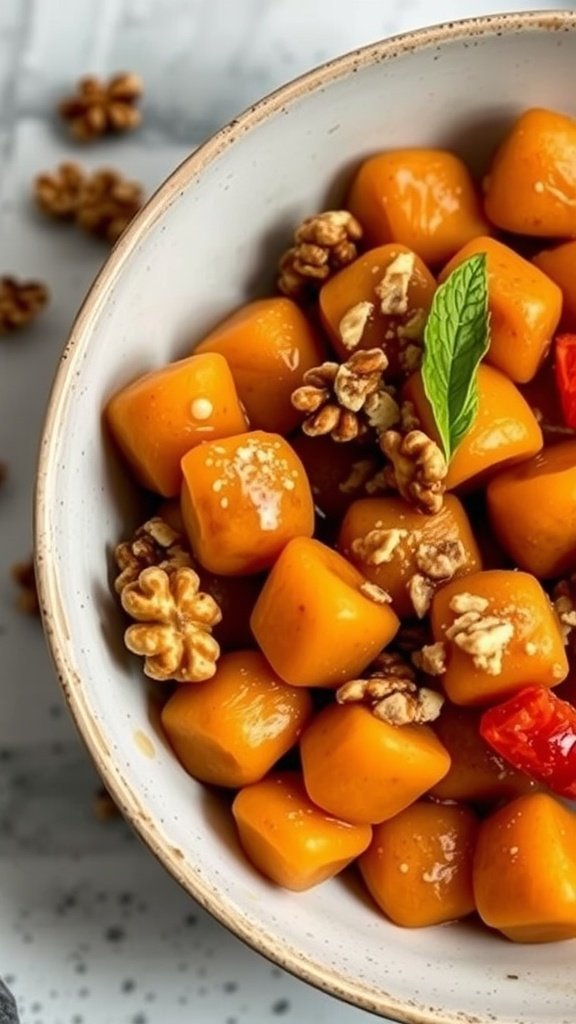 Plate of sweet potato gnocchi topped with walnuts and herbs