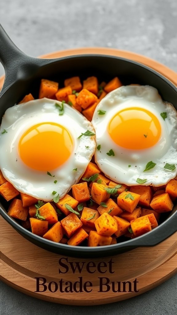 A delicious sweet potato hash topped with two sunny side up eggs in a skillet.
