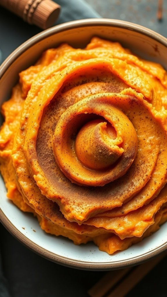 A bowl of creamy sweet potato mash with a swirl pattern, dusted with cinnamon.
