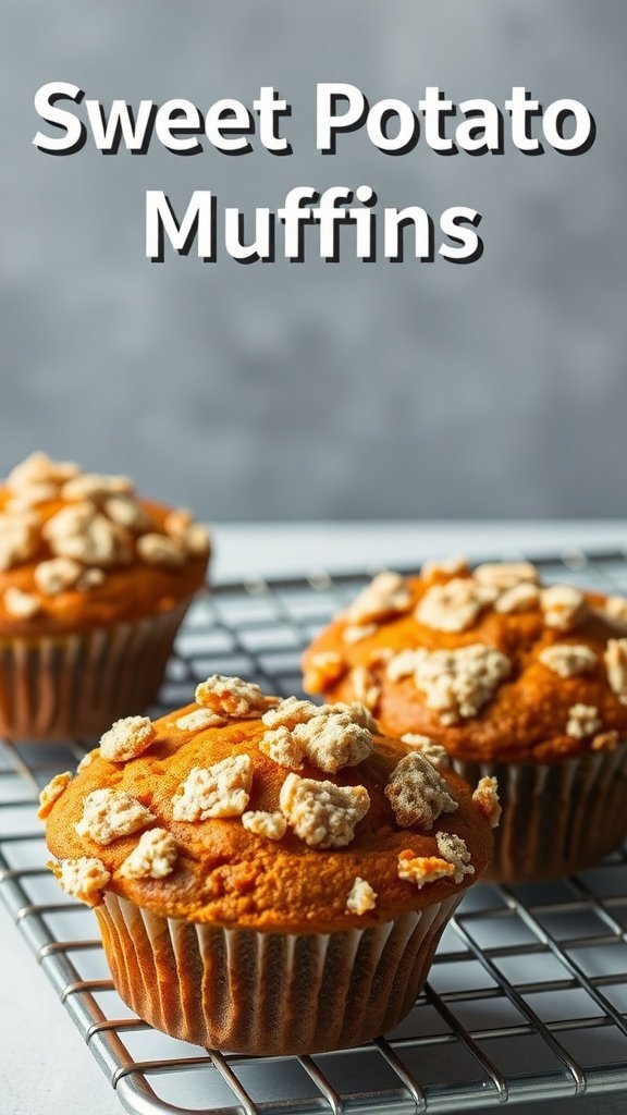 Three sweet potato muffins on a cooling rack, topped with crumbly topping.