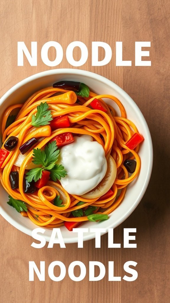 A bowl of sweet potato noodles topped with vegetables and sauce on a wooden surface.