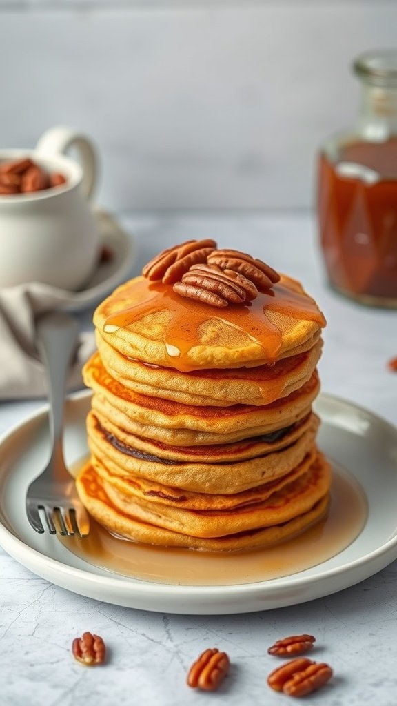 A stack of sweet potato pancakes topped with syrup and pecans on a plate.