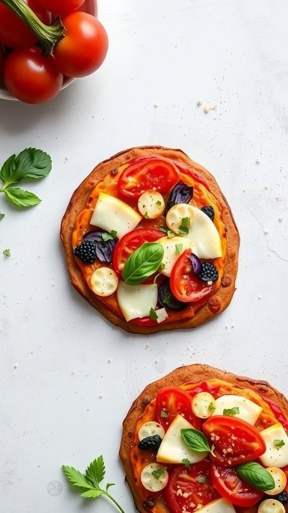 Two sweet potato pizzas topped with tomatoes, mozzarella, and fresh basil