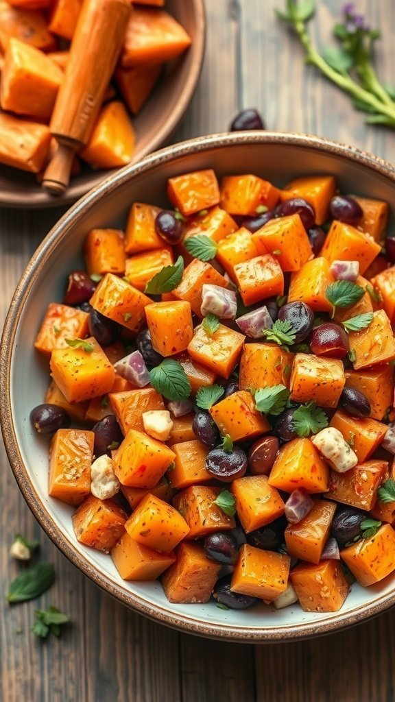A colorful sweet potato salad featuring cubed sweet potatoes, black beans, and fresh herbs in a bowl.