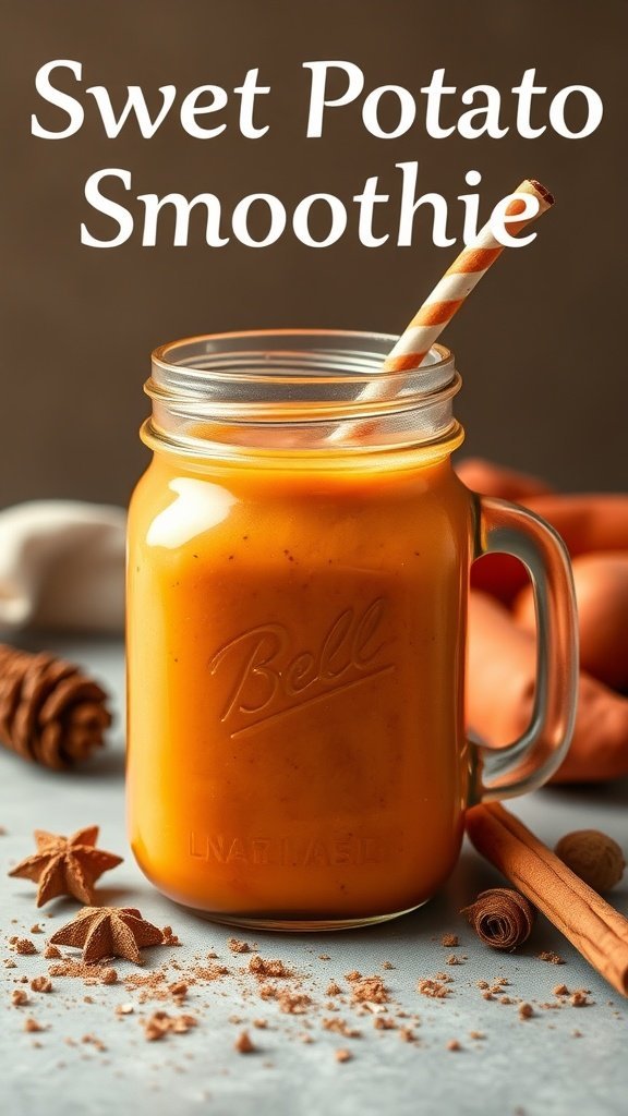 A vibrant sweet potato smoothie in a mason jar with a striped straw, surrounded by sweet potatoes and cinnamon sticks.