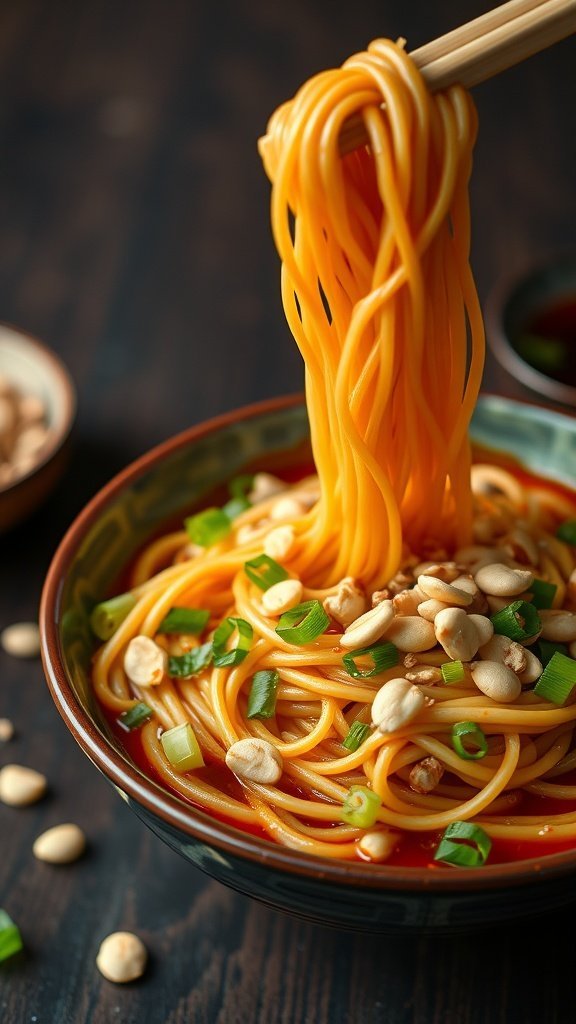 A bowl of Szechuan spicy noodles, topped with chopped peanuts and green onions, being lifted with chopsticks.