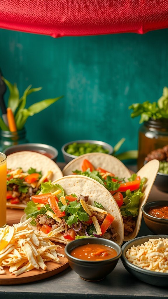 A colorful taco bar setup with tortillas, various toppings, and sides.