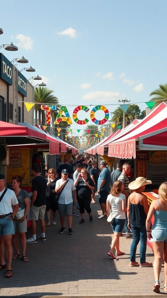 A bustling taco festival with colorful stalls and a crowd enjoying the event
