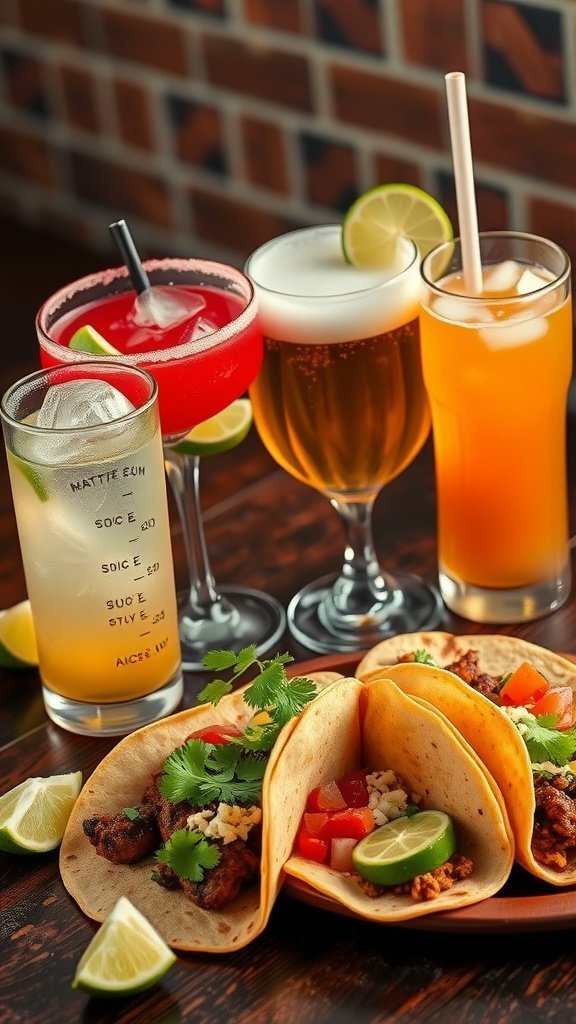 An assortment of tacos served with colorful drinks including cocktails and beer, garnished with lime and fresh herbs.
