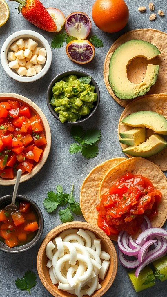 An assortment of taco toppings including salsa, avocado, cheese, and fresh vegetables.