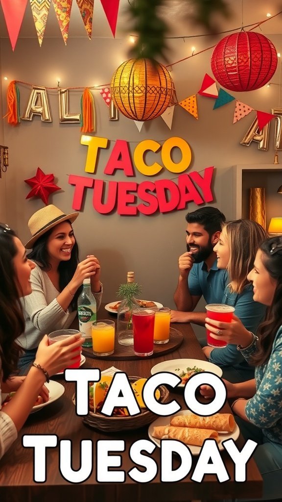 A lively Taco Tuesday gathering with friends enjoying tacos and colorful drinks, surrounded by festive decorations.