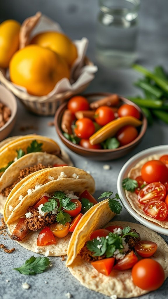 A selection of tacos filled with tomatoes and herbs, surrounded by fresh ingredients like lemons and peppers.