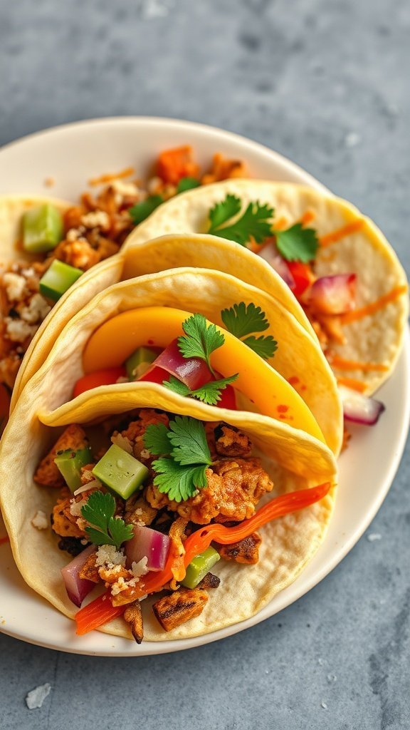 A plate of tacos filled with chicken, colorful vegetables, and fresh cilantro, showcasing a fusion of flavors.