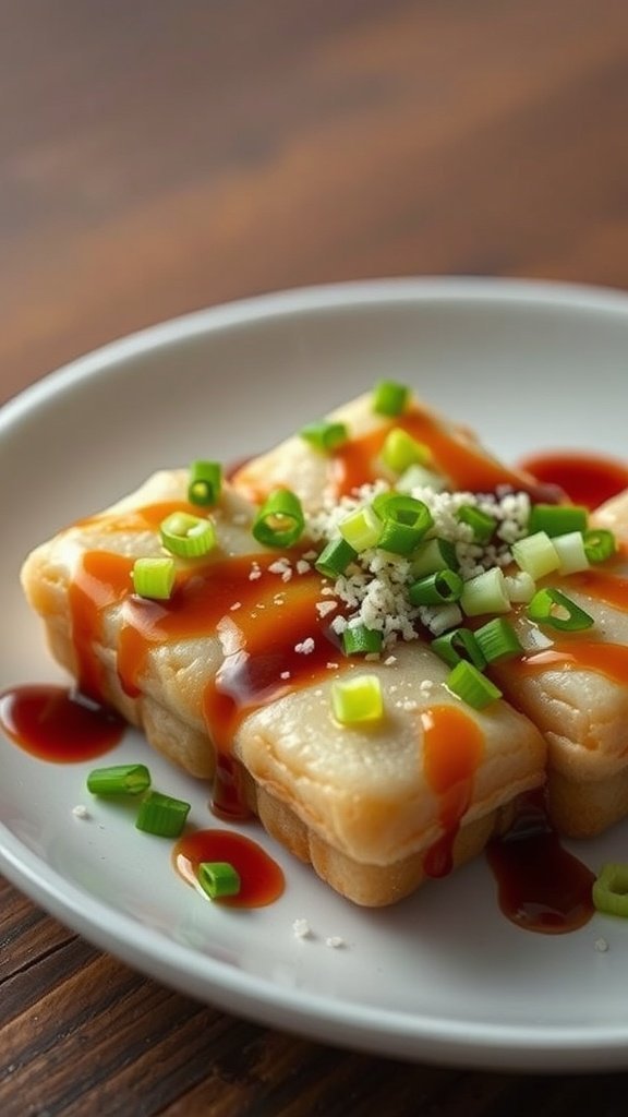 A plate of takoyaki, Japanese octopus balls, topped with sauce and green onions.