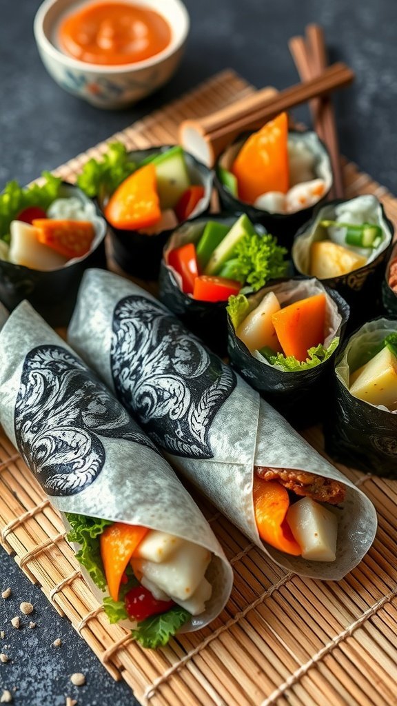 An assortment of hand-rolled sushi cones filled with colorful vegetables, served alongside a dipping sauce.