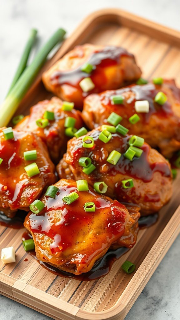 A close-up of teriyaki baked chicken thighs garnished with green onions on a wooden serving platter.