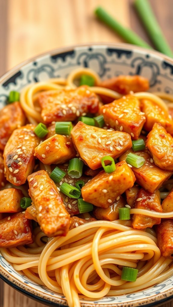 A bowl of Teriyaki Chicken Ramen Stir-Fry, featuring pieces of chicken, ramen noodles, green onions, and sesame seeds.