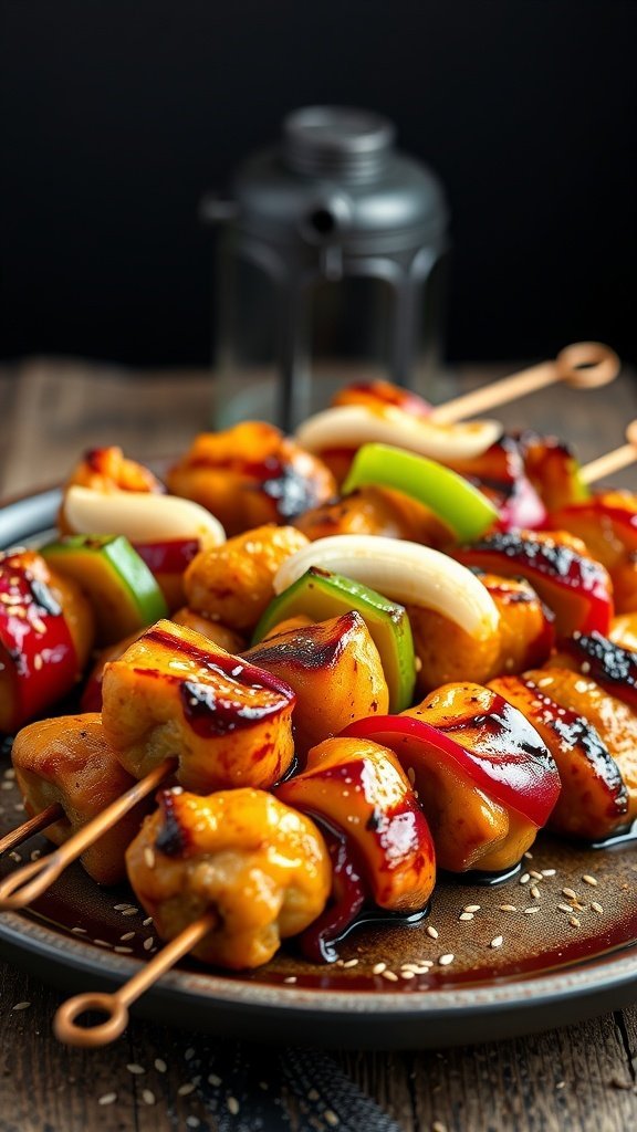 A plate of grilled teriyaki chicken skewers with colorful bell peppers and onions.