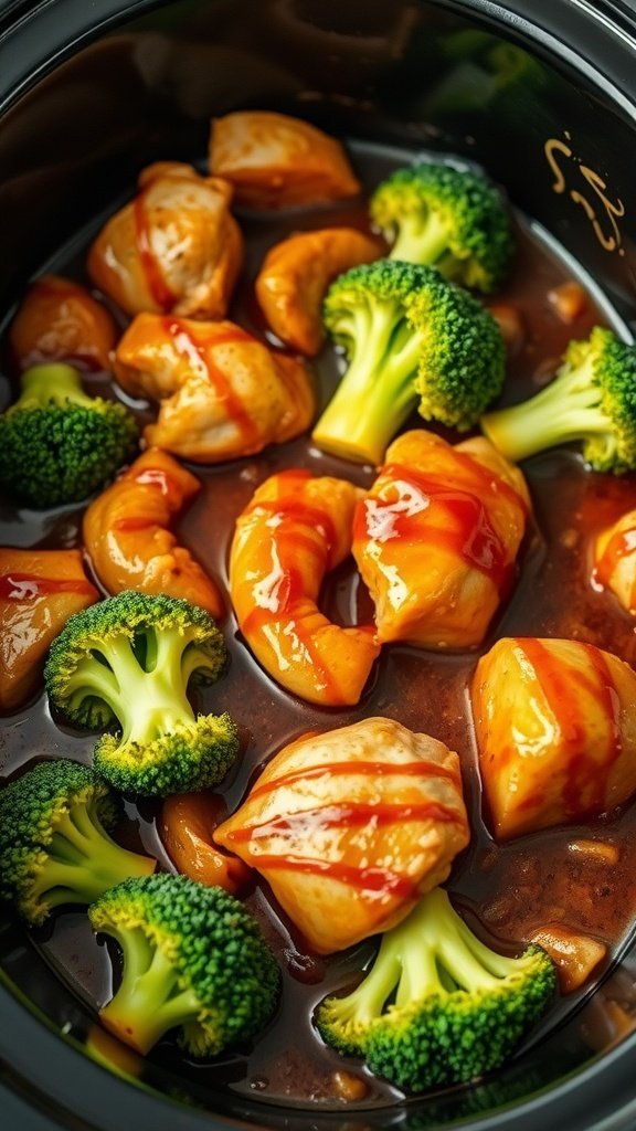 A close-up of teriyaki chicken with broccoli in a slow cooker