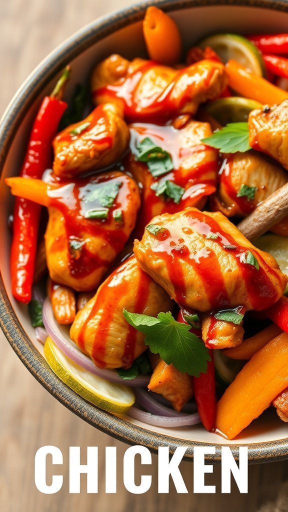 A colorful bowl of Teriyaki Glazed Chicken Stir-Fry with chicken pieces, vegetables, and a glossy sauce.