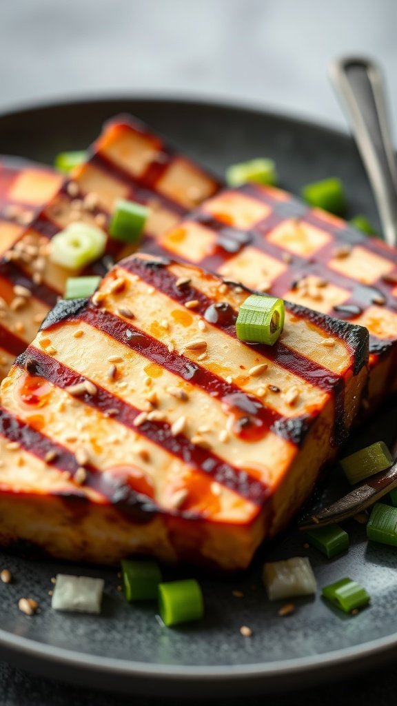 Grilled tofu steaks with grill marks, garnished with green onions and sesame seeds on a black plate.