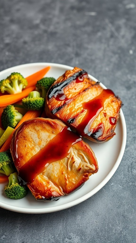 Teriyaki pork chops served with broccoli and carrots on a plate.