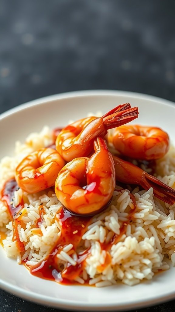 Plate of teriyaki shrimp over jasmine rice with a drizzle of sauce