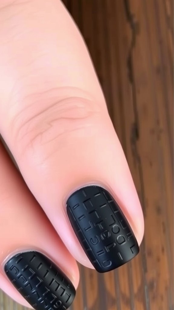 Close-up of manicured hands with textured black nails on a wooden surface.