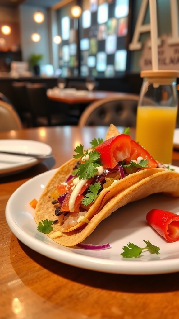 A beautifully plated taco with fresh ingredients, including tomatoes and cilantro, on a wooden table.