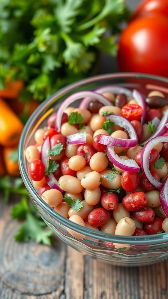 A vibrant bowl of three-bean salad with red and white beans, chopped red onion, and cilantro, surrounded by fresh vegetables.