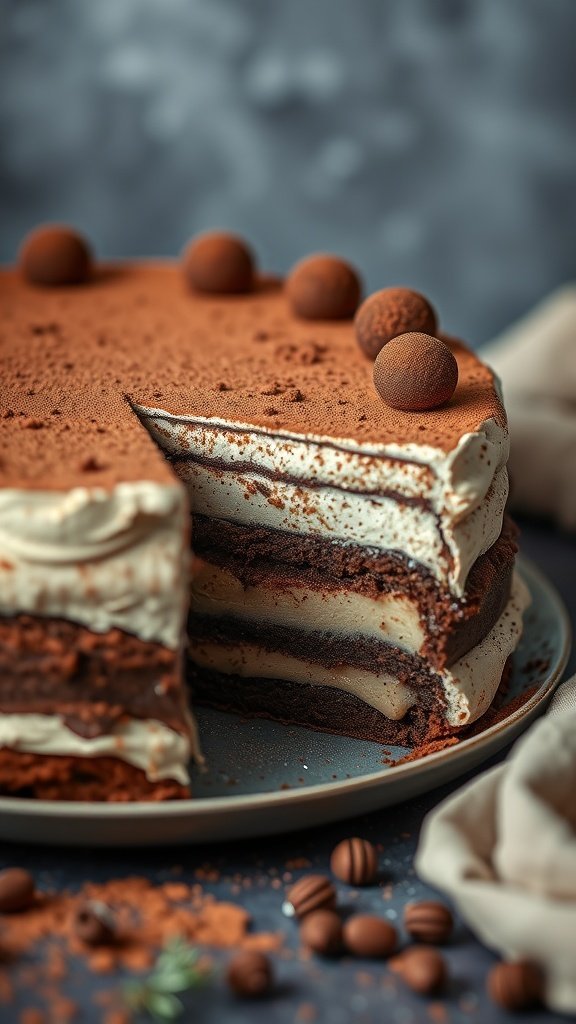 A delicious Tiramisu Chocolate Cake with layers of chocolate and cream, topped with cocoa powder and chocolate truffles.